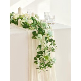 MISSPIN 5.9Ft Eucalyptus Garland with Flowers, Artificial Fake Flower Greenery Spring Garland for Baby Shower Wedding Mantle Table Centerpiece Spring Decor