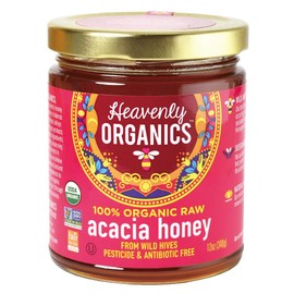 Heavenly Organics 100% Organic Raw Acacia Honey (12oz) Lightly Filtered - Made from Wild Beehives & Free Range Bees; Dairy, Nut, & Gluten Free, Kosher