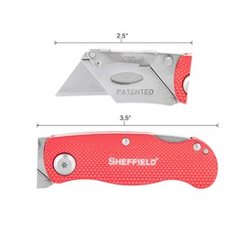 Sheffield 12614 Red Folding Utility Knife, Stocking Stuffers, Gifts for Men, Dad Gifts, Quick Change Utility Knife Blades, Compact Aluminum Handle, Box Cutter, Razor Blades Included