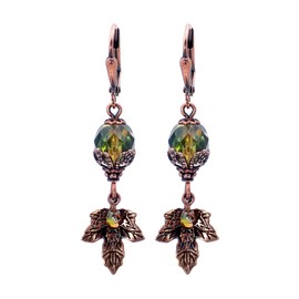 Iridescent Green and Antiqued Copper-Plated Autumn Maple Leaf Charm Lever-back Earrings