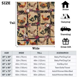 Chicken Blanket Gifts for Girls, Soft Rustic Farm Rooster Plush Flannel Throw Blanket for Kids Teen, Chickens Flowers Cozy Fluffy Blanket for Women Couch Bed Sofa Bedroom Decor, 50 x 60 inch