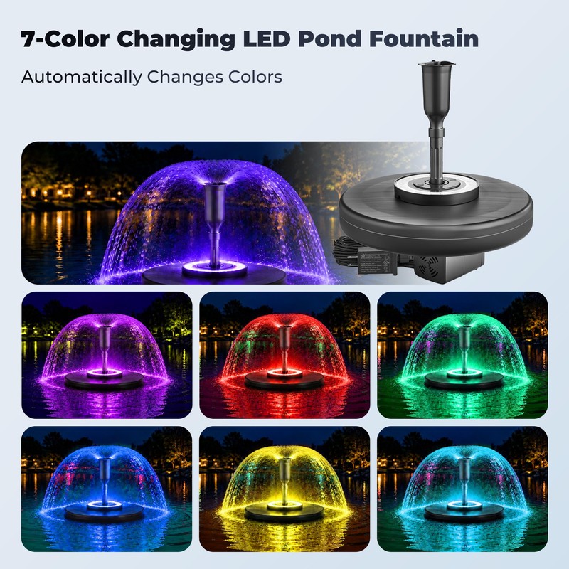 Floating Pond Fountain with RGB LED Lights, 400GPH, 3 Spray