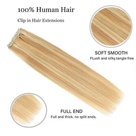 Clip In Hair Extensions Real Human Hair Balayage Ash Blonde to Bleach Blonde Thick Remy Straight Human Hair Clip In Extensions for Women Double Weft 14Inch,120Gram,P18/613#,7pcs with 16clips