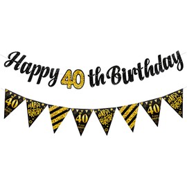 Bliceon 40th Birthday Decoration Banner for Men and Women - Black Gold 40th Birthday Party Decorations, Happy 40th Birthday Decor Banner, for Themes and Events