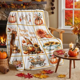 yuboo Fall Pumpkin Gnome Throw Blanket, 50"x60" Orange White Autumn Harvest Suflower Blankets and Throws for Couch, Fall Themed Thanksgiving Farmhouse Home Decor Gifts