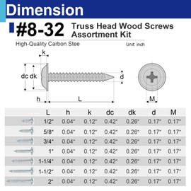 170 Pcs #8 White Wood Screws Assortment Kit, Truss Head Self Tapping Screws, 6 Sizes 1/2", 5/8", 3/4", 1", 1-1/4", 2"