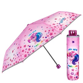 Einhorn Kinder Regenschirm Mädchen - Rosa Pink Unicorn Taschenschirm Minischirm Kinderschirm - Regenschirm Klein Windfest mit Reflektierendem Rand - 7+ Jahren - Durchm 91 cm - Perletti (Bunte Sterne)