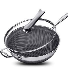 DYRABREST 13.5" Stainless Steel Honeycomb Wok - Kitchenware Wok with Glass Lid, Side Handle - Non-Stick Coating, Scratch-resistant Raised-up Honeycomb Fry Pan