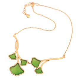 Michael Vincent Michaud American Handmade Cast Artisan Glass & Gold-Plated Green Ginkgo Leaf Necklace