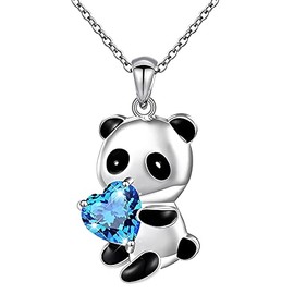 Panda Necklace for Women Blue Crystal Heart Necklaces Panda Pendant Necklace for Girls Christmas Birthday Gifts for Panda lovers Daughter Sister Panda Necklaces