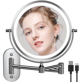 Auxmir Rechargeable Wall Mounted Lighted Makeup Mirror, 8" Double Sided 1X/20X Magnifying Vanity Mirror, 3 Color Lights Touch Dimmable Bathroom Cosmetic Mirror with 360° Swivel Extendable Arm, Chrome