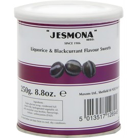 Jesmona Liquorice & Blackcurrant Candy - British Hard Candy 250g (8.8 Oz) Round Gift Tin, Traditional Licorice Balls, Old Fashioned English Hard Boiled Sweets, Imported Confectionery from England