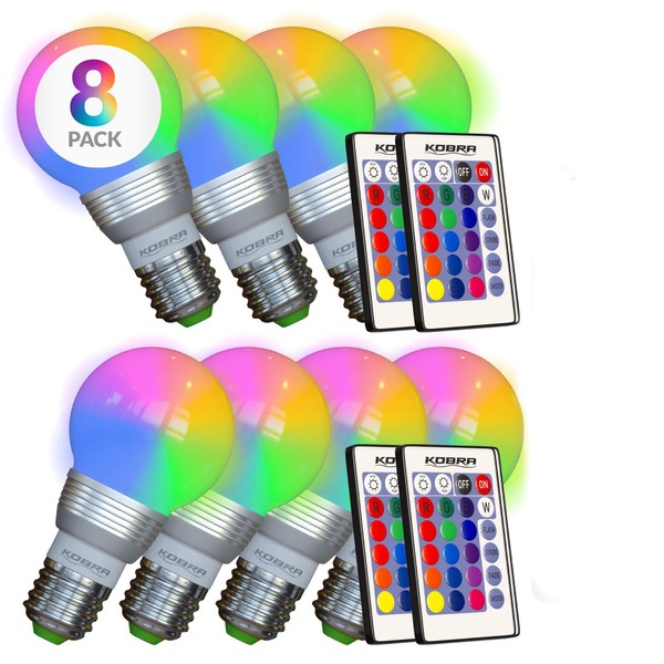 Kobra LED Color Changing Light Bulb with Remote Control (8-Pack) - 16 Different Color Choices Smooth, Fade, Flash or Strobe Mode - Smart Remote Lightbulb - RGB & Multi Colored