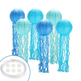 Jellyfish Paper Lanterns,Under The Sea Party Decorations 6Pack with String and Hooks,Hanging Jelly Fish for Mermaid,Ocean Themed,Birthday,Party(Blue 8Inch)