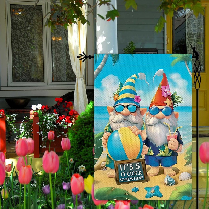 It's 5 O'clock Somewhere Garden Flag Funny Gnome Garden Flag
