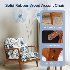 SWHSE Floral Mid-Century Modern Accent Chairs Set of 2,Solid Rubber Wood Frame Living Chair, Lounge Arm Chair with Soft Waist Cushion – Ergonomic Lounge Chairs for Living Room, Bedroom,Blue Floral