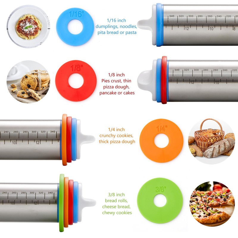 Rolling Pin with Thickness Rings, Fulimax 17" Adjustable Stainless Steel