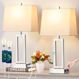 Touch Control Table Lamps for Living Room, 3-Way Dimmable Modern Table Lamp with USB A+C Charging Ports & AC Outlets, Bedside Contemporary Nightstand Desk Lamps with Fabric White Shade for Bedrooms