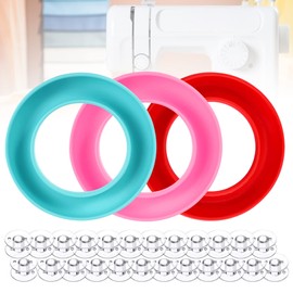 Neatbuddy - Paquete de 3 soportes de bobina, anillos de bobina de silicona, organizador de bobina de diferentes colores y 24 bocinas transparentes para suministros de costura diarios (rojo, rosa y azul claro)