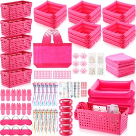 Rotatingpals 85 Pcs Spa Kit Nail Art Kit Sleepover Party Supplies with 12.5 x 12.5 in Inflatable Foot Tubs Foot Bath Towel and Basket DIY Manicure Pedicure Set for Slumber Party(Rose Red)