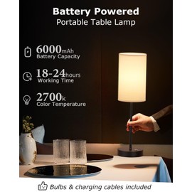 2-Pack Cordless LED Table Lamps 6000mAh Rechargeable Lamp Battery Operated Table Lamp Portable Desk Lamp with Fabric Shade, Stepless Dimming Bedside Night Lamp for Bedroom, Office, Restaurant (Black)