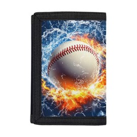Rnyleeg Children's Unisex Baseball Wallet for Kids and Teens, RFID Protected, Fabric with Nylon Edging, Tri-Fold, Zipper Closure, Fire Water Baseball Color