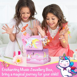 Anyiner Musical Jewellery Box for Girls - Rainbow Unicorn Music Box with 2 Pullout Drawers, Kids Jewellery Box Unicorn Gifts for Girls, Children Jewellery Box Birthday Presents for Ages 3-10