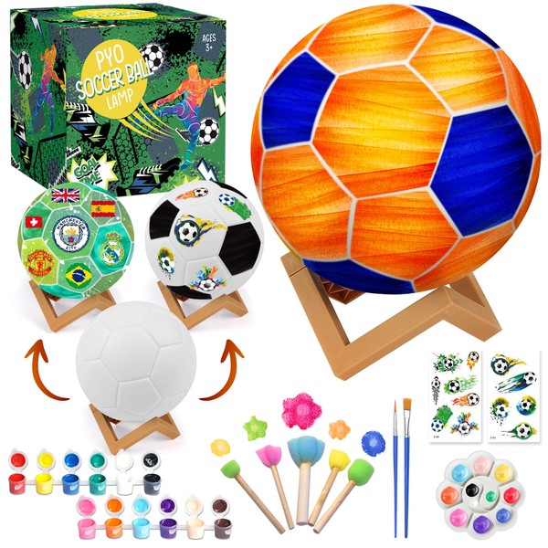 Paint Your Own Football Painting Lamp Kit, World Cup 3D Night Light Painting Lamp Art Set with Football Stickers, Wooden Stand, Creativity Arts & Crafts Kit 5 6 7 8 9 10 Year Old Girls Boys Gifts