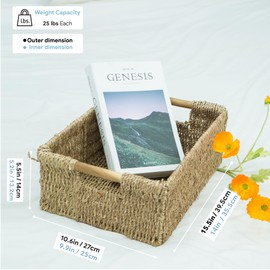 Large Natural Wicker Basket Rectangular with Wooden Handles, Seagrass Storage for Organizing, Shelves 15.5 x 10.6 x 5.5 inches