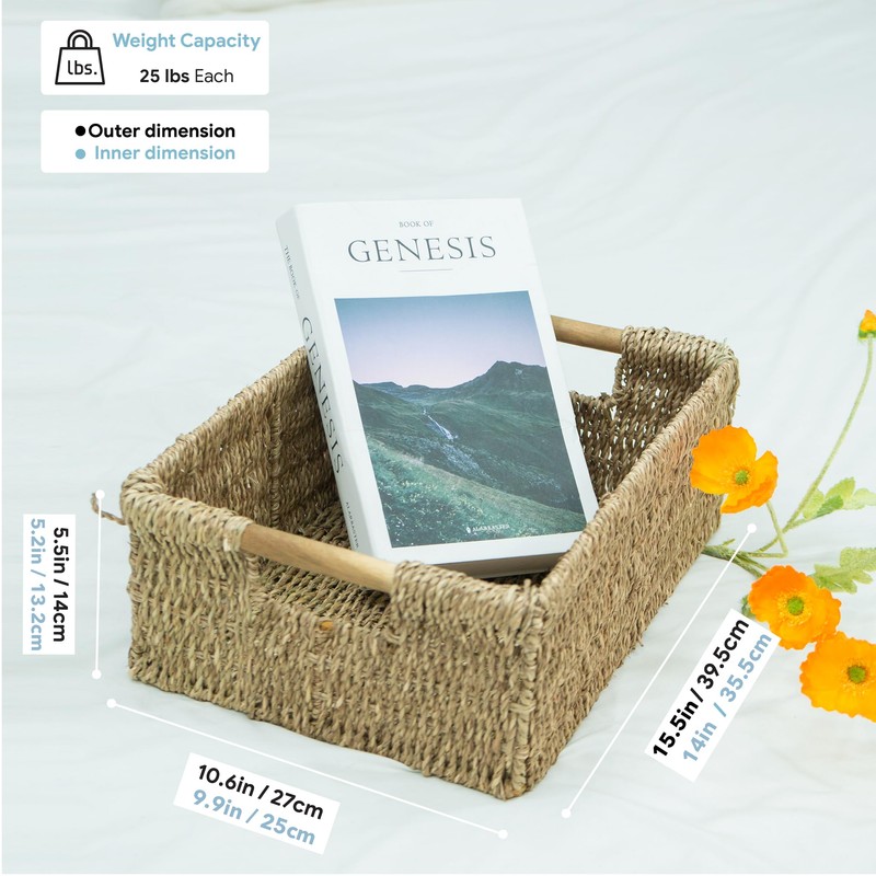 Large Natural Wicker Basket Rectangular with Wooden Handles, Seagrass Storage