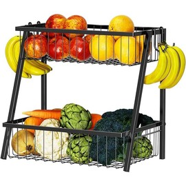 Simple Trending 3 Tier Fruit Basket Metal Wire with 4 Banana Hooks, Countertop Fruit Vegetable Basket Kitchen Organizer for Bread Snack Veggies Produce, Black - Size: 2 Tier, Color: default