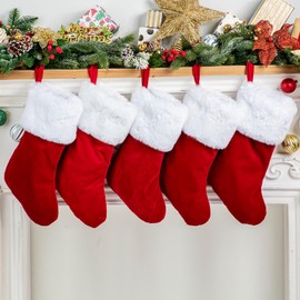 Red Velvet Christmas Stockings - 5 Pack Traditional 17.3" Large,Plush Cuff,Holiday Stockings for Family,Holiday Decor, Tree Decoration