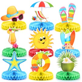 9 Pcs Beach Party Decorations, Beach Honeycomb Centerpieces, Summer Pool Party Table Toppers, Tropical Hawaiian Aloha Luau Theme Party Decorations Supplies for Beach Birthday Party Photo Props