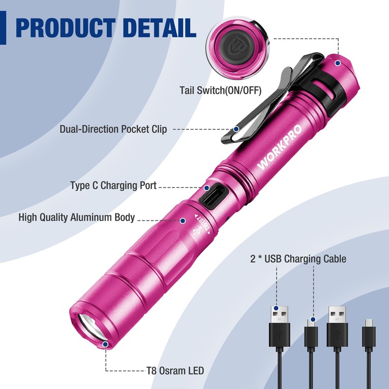 WORKPRO Rechargeable Pen Light, Mini Flashlight, 2 Pack Ultra-Compact EDC