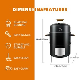 Joyagrill 17-1/2" 3-IN-1 BBQ Smoker Grill Built in Thermometer, Air Vent and Access Doors, Multi-Layer Meat Smoker Grill with 3 Bamboo Handles, Idea for Parties, Backyard, BBQ