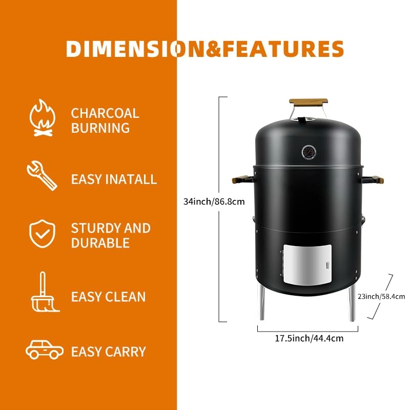 Joyagrill 17-1/2" 3-IN-1 BBQ Smoker Grill Built in Thermometer, Air