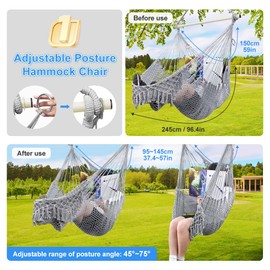 Hammock Chair, Cotton Rope Handwoven Chair with Collapsible Metal Spreader Bar Max 330 LBS for Indoor&Outdoor, Patio, Garden, Yard (Gray)