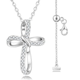 KRKC&CO Women's Cross Necklace, Moissanite Cross Pendant Necklace, 925 Silver, Hypoallergenic Metal, Ribbon Motif, Chain Included, Adjustable Length, Gift Box Included, Popular Gift for Women