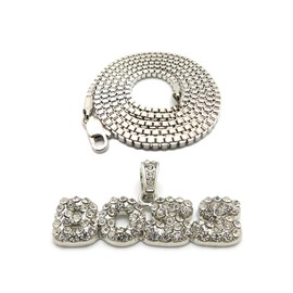 NYFASHION101 Stone Stud Bubble Letter BOSS Pendant with 2mm 24" Box Chain Necklace, Silver-Tone
