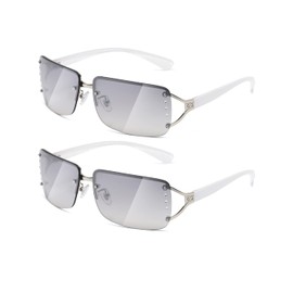 MASDUN Stylish Rimless Frameless Rectangle Sunglasses for Womens Surrounded designer trendy men (White Frame White Silver Lens X2)