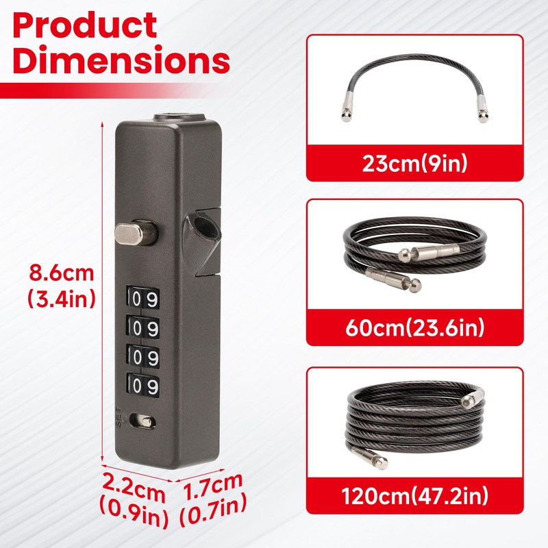 Combination Cable Lock - 3 Retractable Locks (11.8", 23.6", 47.2")