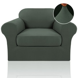 PrinceDeco High Stretch 2-Piece Armchair Cover Chair Slipcovers with Arms Furniture Protector Cover with 1 Cushion Washable Furniture Protector with Elastic Bottom, Loden Green, Armchair
