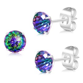 Artskin G23 Titanium Cubic Zirconia Stud Earrings for Women Men Earrings CZ Round Cut Simulated Diamond 6mm Hypoallergenic Silver Earrings for sensitive ears (Muticolor CZ, 6MM)