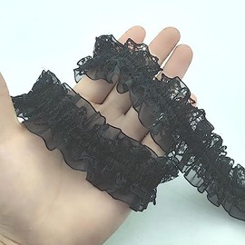 YOOGCORETT 3 Yards Black 2 Layers Pleated Chiffon Elastic Lace Ruffle Trim Chiffon Ribbon Applique Sewing for Wedding Bridal Dress Clothes Decorations Sewing Supplies DIY Craft Handmade 1.5"Inch