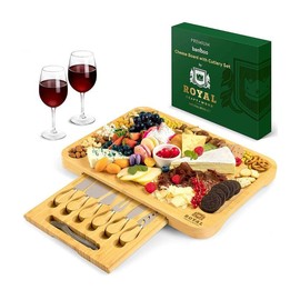 Italian Deluxe Charcuterie Board-Wooden Bamboo Cheese Board & Charcuterie Tray (17.5”x13”), Cutlery Set - Serving Platter, Tableware -Royal Craft Wood