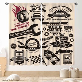 TKUYO Garage Curtains, Retro Vintage Man Cave Repair Vehicle Garage Tools Shed Workshop Car Themed Room Decor Window Drapes Treatments for Boys Men Teen Bedroom Living Room 2 Panels Set, 42"x54" Inch