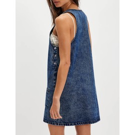 POLIRO Denim Overall Dress Jean Mini Sleeveless Western Tank Country Concert Romper Dresses with Pockets for Women 2025 Jumper Short Blue Crew Neck Size Medium Size 8 10