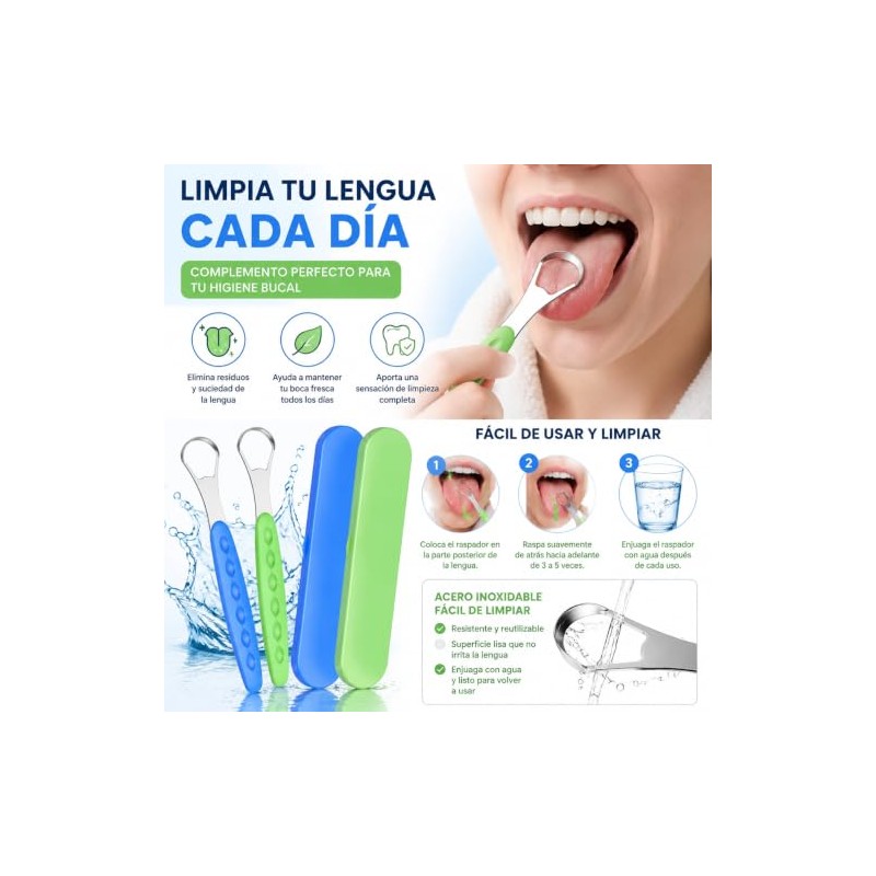 Limpiador de Lengua, 2 de Acero Inoxidable con Estuches (Azul;