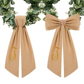 2 Pcs Burlap Wreath Sash for Front Door Linen Embroidery Monogram Wreath Sash for Yard Porch Boxwood Wreath Garland Decor(Letter T)