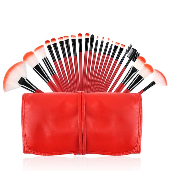 Makeup Brush Set, Red Makeup Brushes, 22 Pieces, Foundation Kabuki Blush Fan Eyeshadow Brush, Compatible with Cosmetic Bag